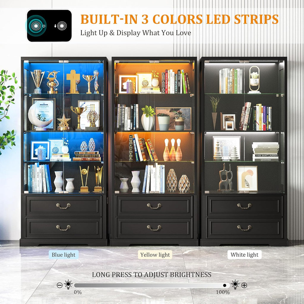 FREDEES Display Cabinet with Glass Doors,67" Adjustable Display Shelf with 2 Drawers and 4 Tier Curio Cabinet,Tall Bookcase with 3 Color Lights and Human Body Sensor for Toys,Books（Black）