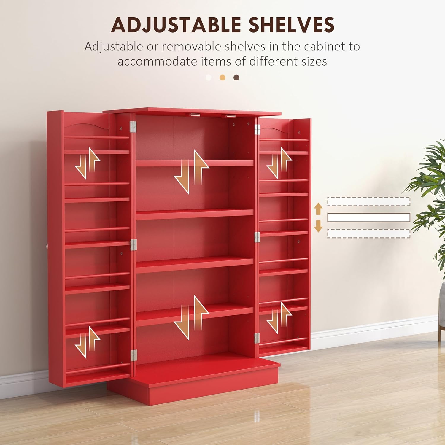 HOMCOM 41" Kitchen Pantry Storage Cabinet, Freestanding Kitchen Cabinet with 12 Door Shelves, Double Doors, 5-Tier Shelving and Adjustable Shelves, Red