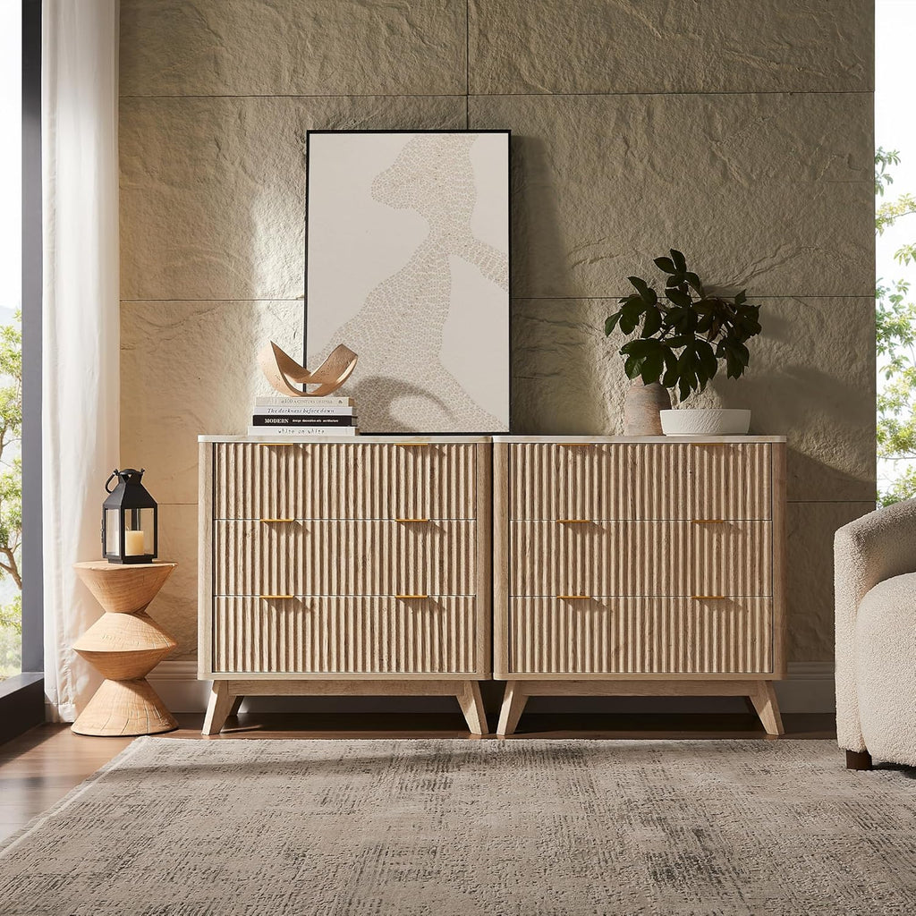 T4TREAM Set of 2 Fluted 3 Drawer Dresser, 32" Tall Modern Chest of Drawers with Faux Marble Top, Curved Profile Design, Wood Organizer for Bedroom, Living Room, Hallway, Entryway, Natural Oak