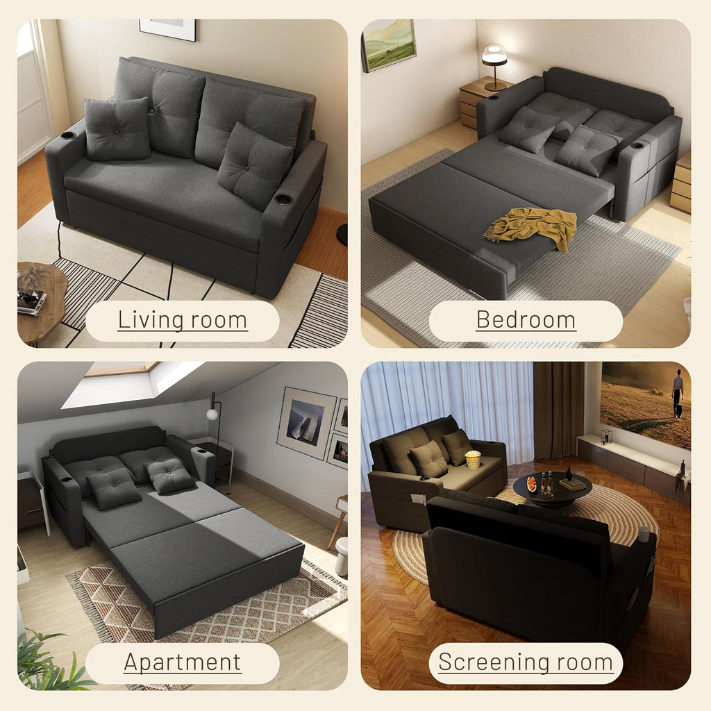 3 in 1 Sofa Bed, 56 Inch Convertible Pull Out Couch, Loveseat Sleeper Sofa with Cup Holders, USB, Sofa Couches for Living Room, Bedroom, Apartment, Dark Grey