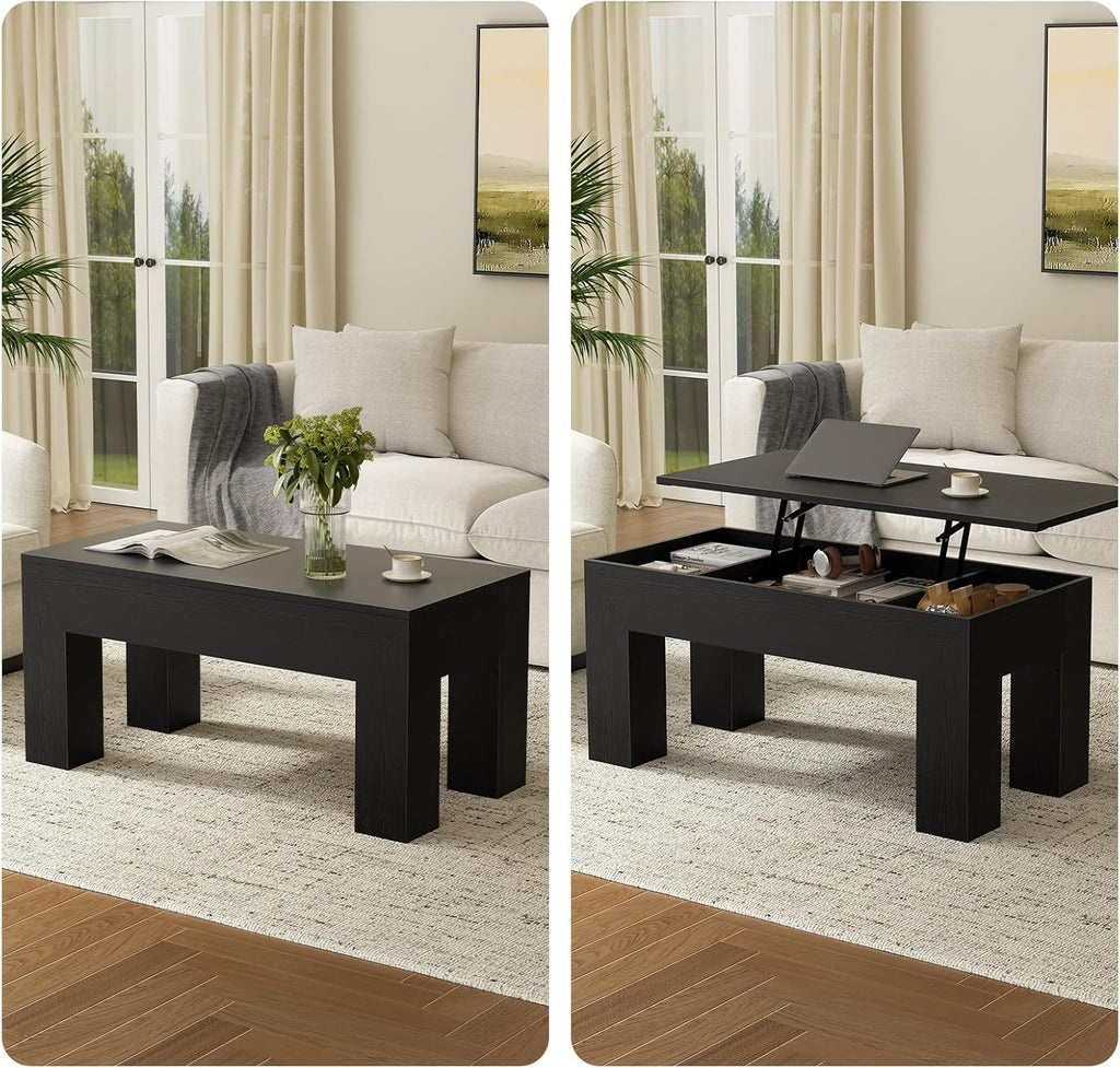 FABATO 41.7'' Lift Top Coffee Table, Wooden Rectangle Coffee Table with Hidden Storage, Large Center Table Adjustable Height Sofa Table for Living Room Office Apartment, Black