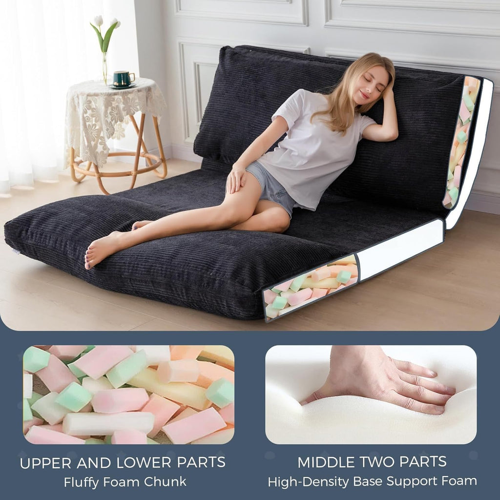 MAXYOYO Folding Sofa Bed, Extra Thick and Long Floor Sofa Convertible Sleeper Chair with Washable Cover, Floor Couch Lounge Bean Bag Bed for Living Room, Black, 30"x95"