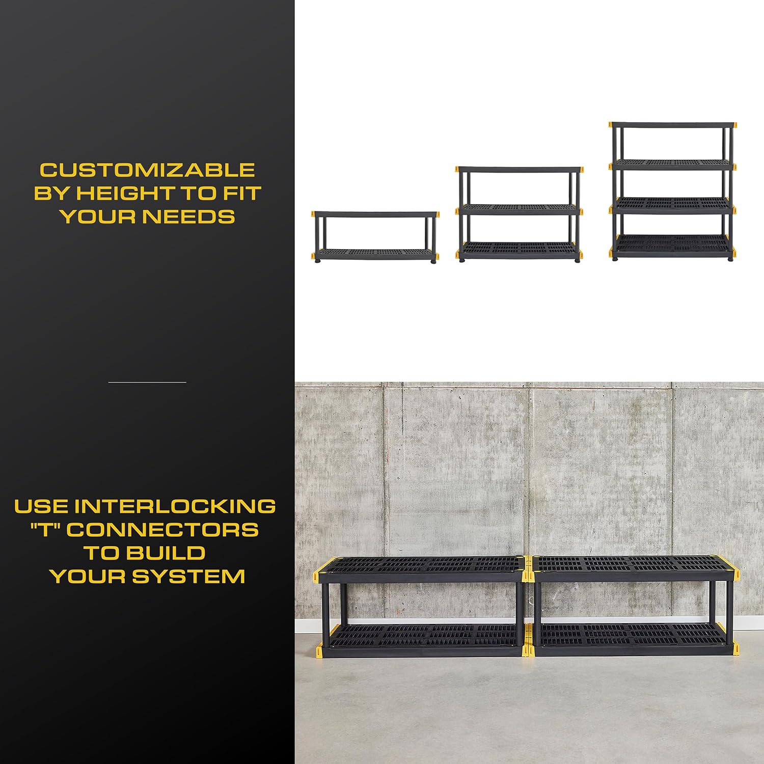 CX Black & Yellow 4-Tier Heavy Duty Storage Shelves and 8 Heavy Duty Storage Bins with Lids, 4 Shelves that Support up to 200lbs/shelf + 27 Gallon Containers (8-Pack), Organization and Storage