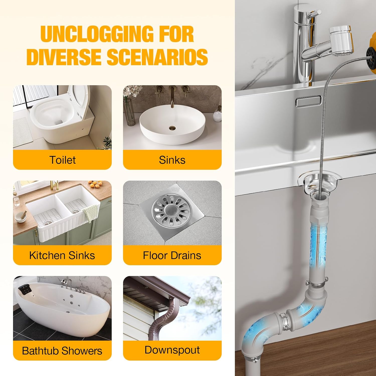 Cordless Drain Auger Compatible with De-walt 20V Battery, Auto-Feed Plumbing Drain Snake with 23.62FT Replaceable Cable, Drain Clog Cleaner Tool for Sink, Toilet, Bathtub, Sewer (Battery Not Included)