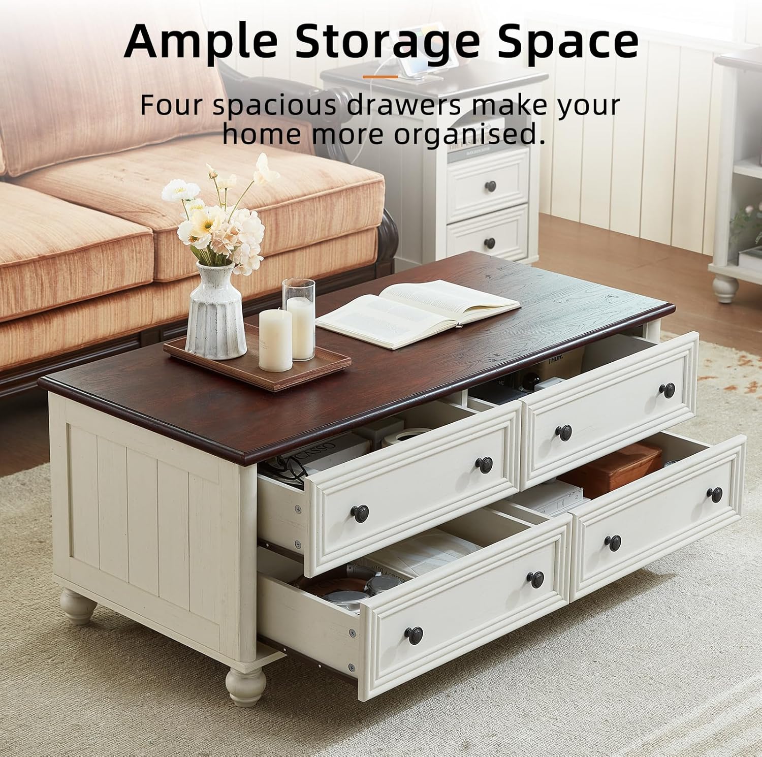Farmhouse Coffee and end Tables 3-Piece Set,Wood 48" Center Table with 4 Drawers,Large Sofa Side Table with Charging Station & with Glass Barn Door Storage for Home Living Room Hallway,White