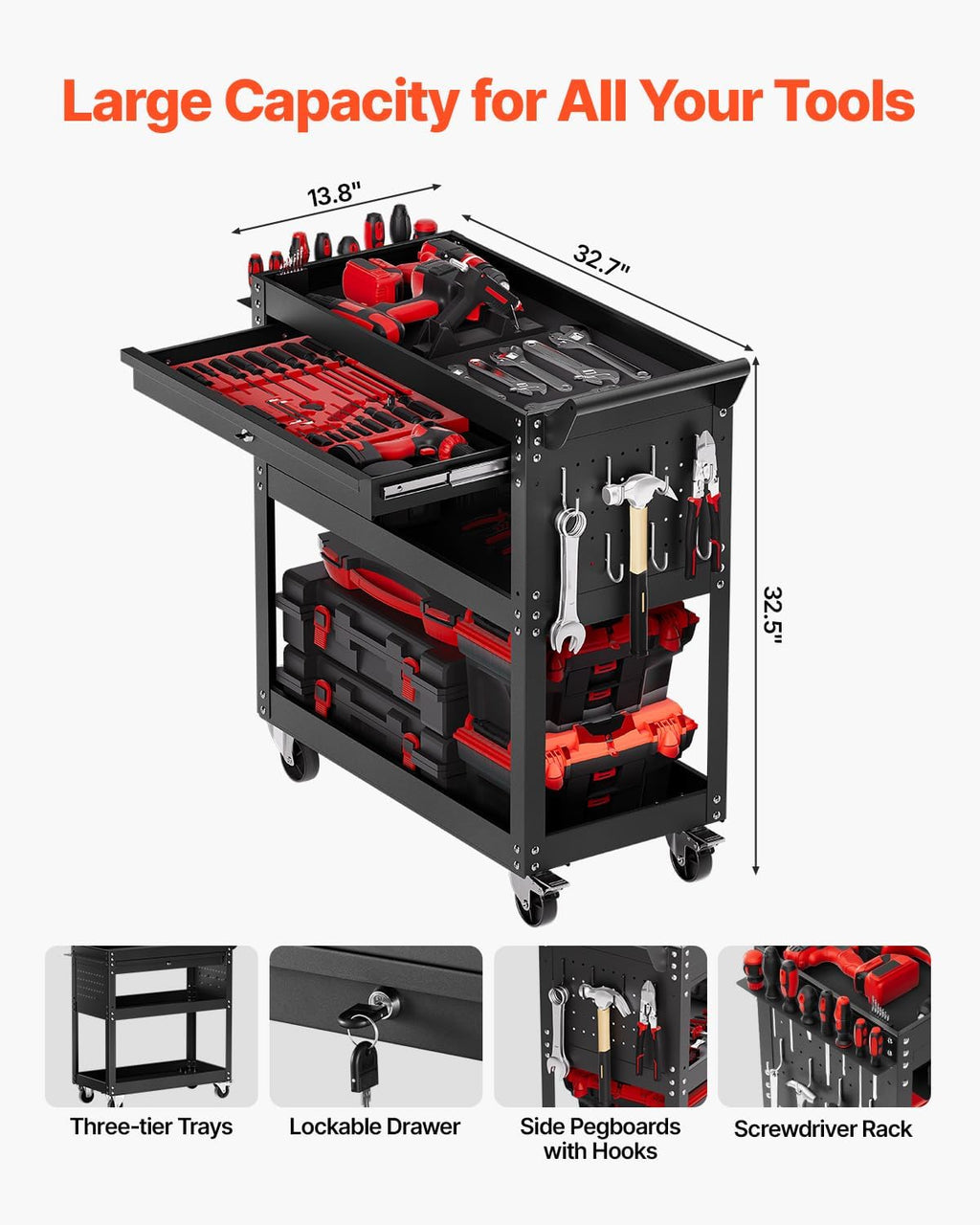 VEVOR 4-Tier Tool Cart with Wheels, 350 lbs Load Capacity, Rolling Work Cart with Drawer & Pegboard, Mechanic Tool Storage Organizer with Locking System for Garage, Warehouse and Repair Shop, Black