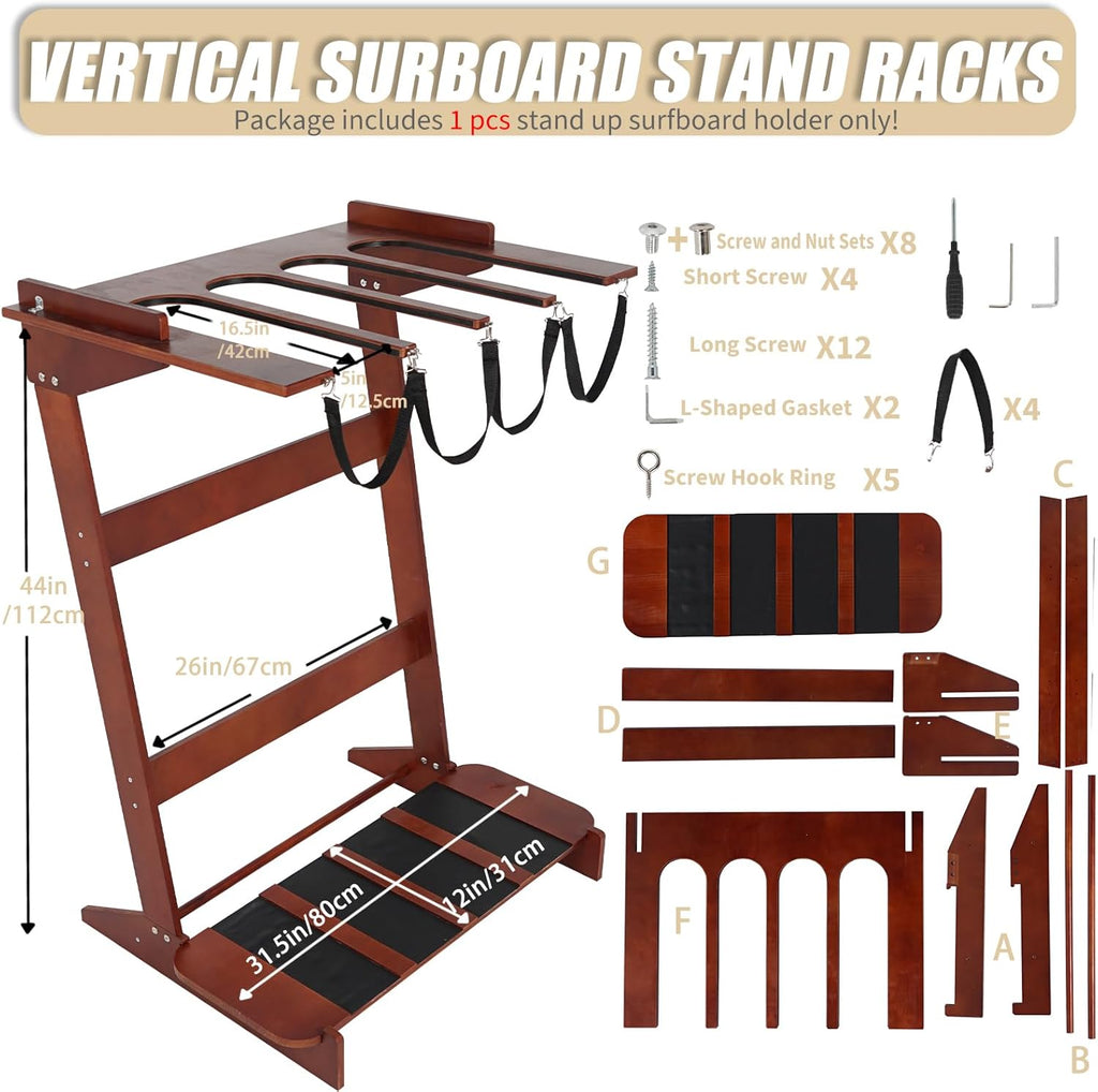 Freestanding Surfboard Rack, Vertical Surfboard Stand Racks, Surf Rack of Free Wall Mount Fits Shortboards, Longboards, Wakeboards, Holds 4 Board, Pine Wood,1 PCS,Dark Brown