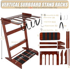 Freestanding Surfboard Rack, Vertical Surfboard Stand Racks, Surf Rack of Free Wall Mount Fits Shortboards, Longboards, Wakeboards, Holds 4 Board, Pine Wood,1 PCS,Dark Brown