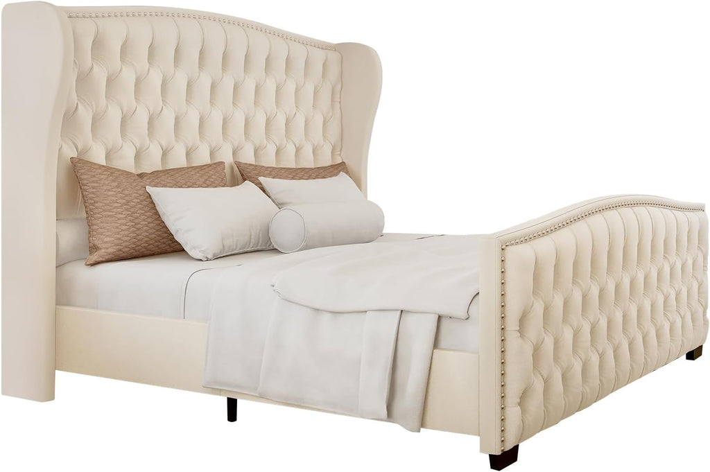 King Platform Bed Frame with Wingback Headboard, Velvet Upholstered Bed Frame with Handmade Button Tufted & Nailhead, Wooden Slats Support, Cream