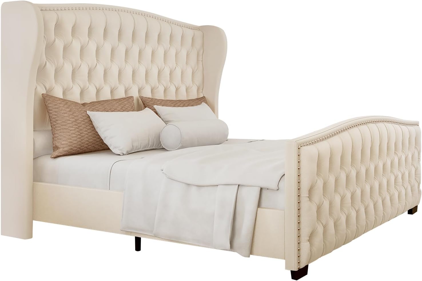 King Platform Bed Frame with Wingback Headboard, Velvet Upholstered Bed Frame with Handmade Button Tufted & Nailhead, Wooden Slats Support, Cream