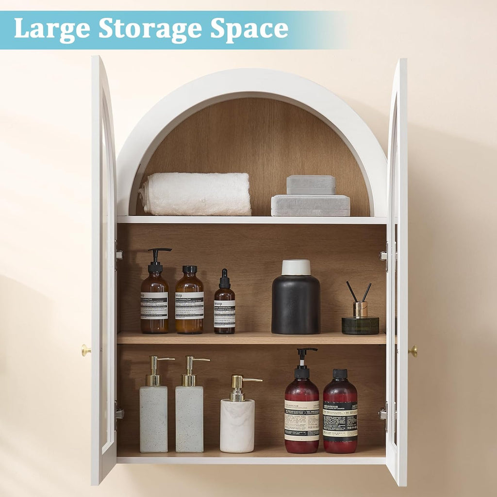 Bathroom Arched Wall Cabinet Over The Toilet Storage Cabinet, 23.6×31.4 Inch Bathroom Medicine Cabinet Wall Mount with Adjustable Shelves & Glass Door, Space Saver Wall Cabinet, White