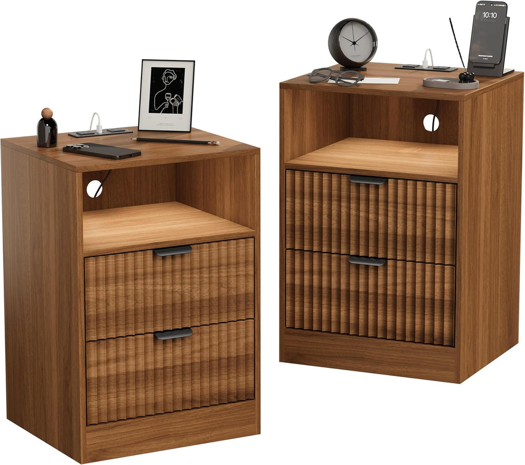 LED Nightstand with Charging Station, Fluted Nightstand Set of 2, Wood Nightstands with 2 Drawers & Metal Handles, Modern Bedside Table & End Tables, Farmhouse Night Stands for Bedroom, Walnut