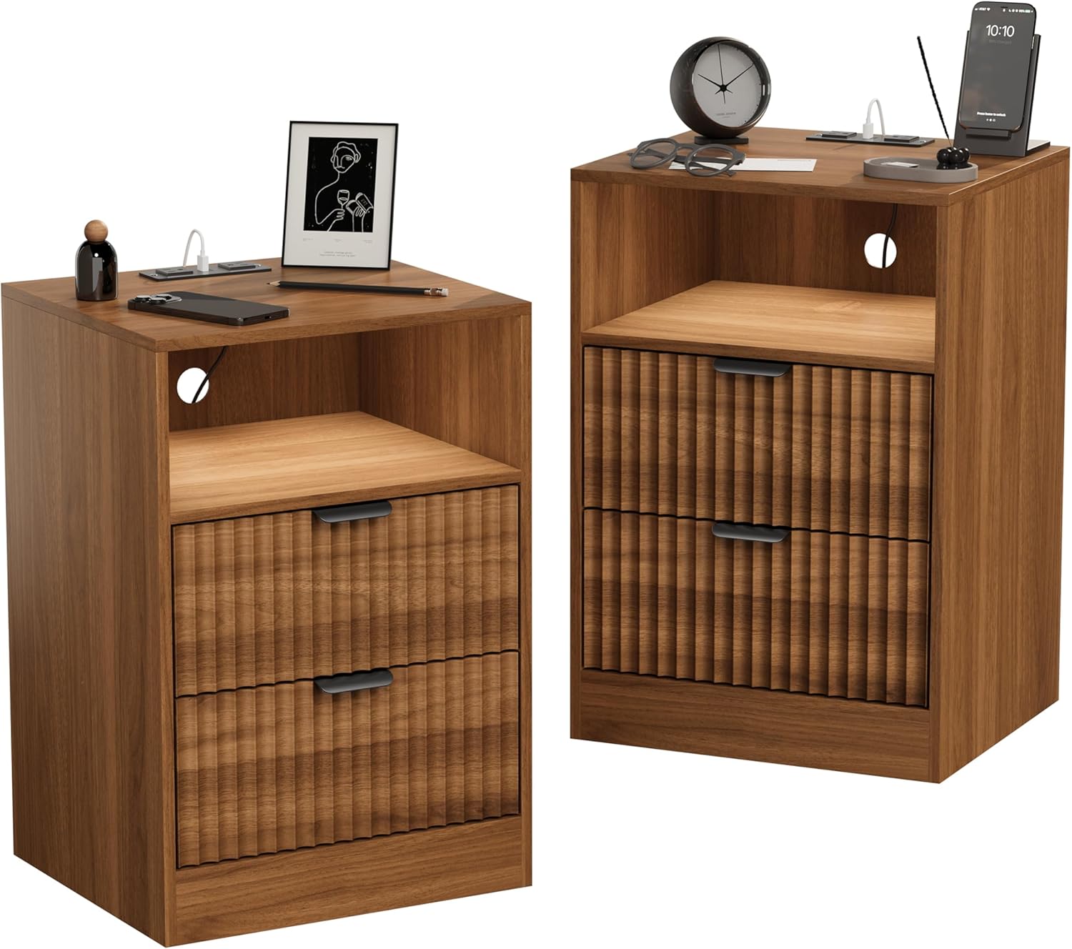 LED Nightstand with Charging Station, Fluted Nightstand Set of 2, Wood Nightstands with 2 Drawers & Metal Handles, Modern Bedside Table & End Tables, Farmhouse Night Stands for Bedroom, Walnut