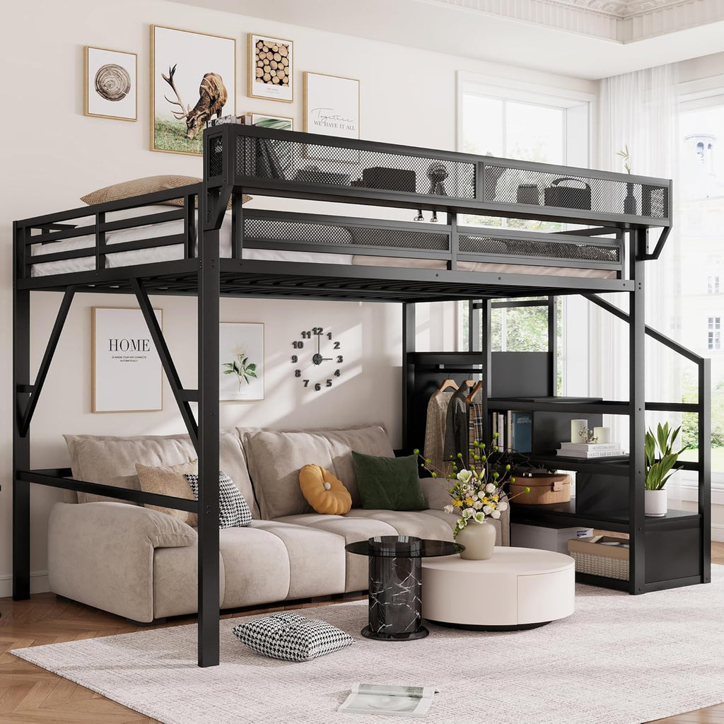 Queen Size Loft Bed with Stairs and Storage, Metal Loft Bed Frame with Bedside Shelf and Large Under-Bed Space, Heavy-Duty Loft Beds for Adults Teens and Kids, Convertible Staircase, Black