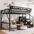 Queen Size Loft Bed with Stairs and Storage, Metal Loft Bed Frame with Bedside Shelf and Large Under-Bed Space, Heavy-Duty Loft Beds for Adults Teens and Kids, Convertible Staircase, Black