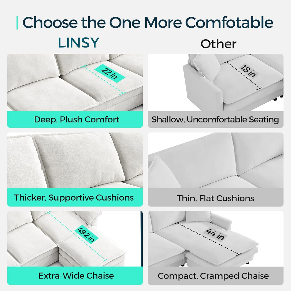 LINSY HOME U Shaped Cloud Couches, 115" Modular Sectional Sofa with Double Chaise, Chenille 4 Seater Sofa Set for Living Room, Apartment, Office, Beige