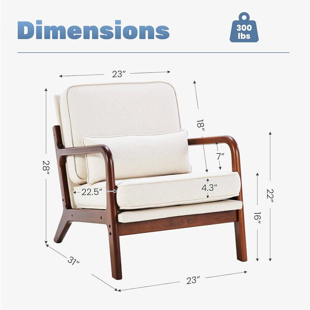 DUMOS Mid Century Modern Chair Set of 2, Accent Chair with Arms and Waist Cushion, Reading Chairs for Adults, Lounge Chair for Living Room and Bedroom, Solid Wooden Frame, Beige