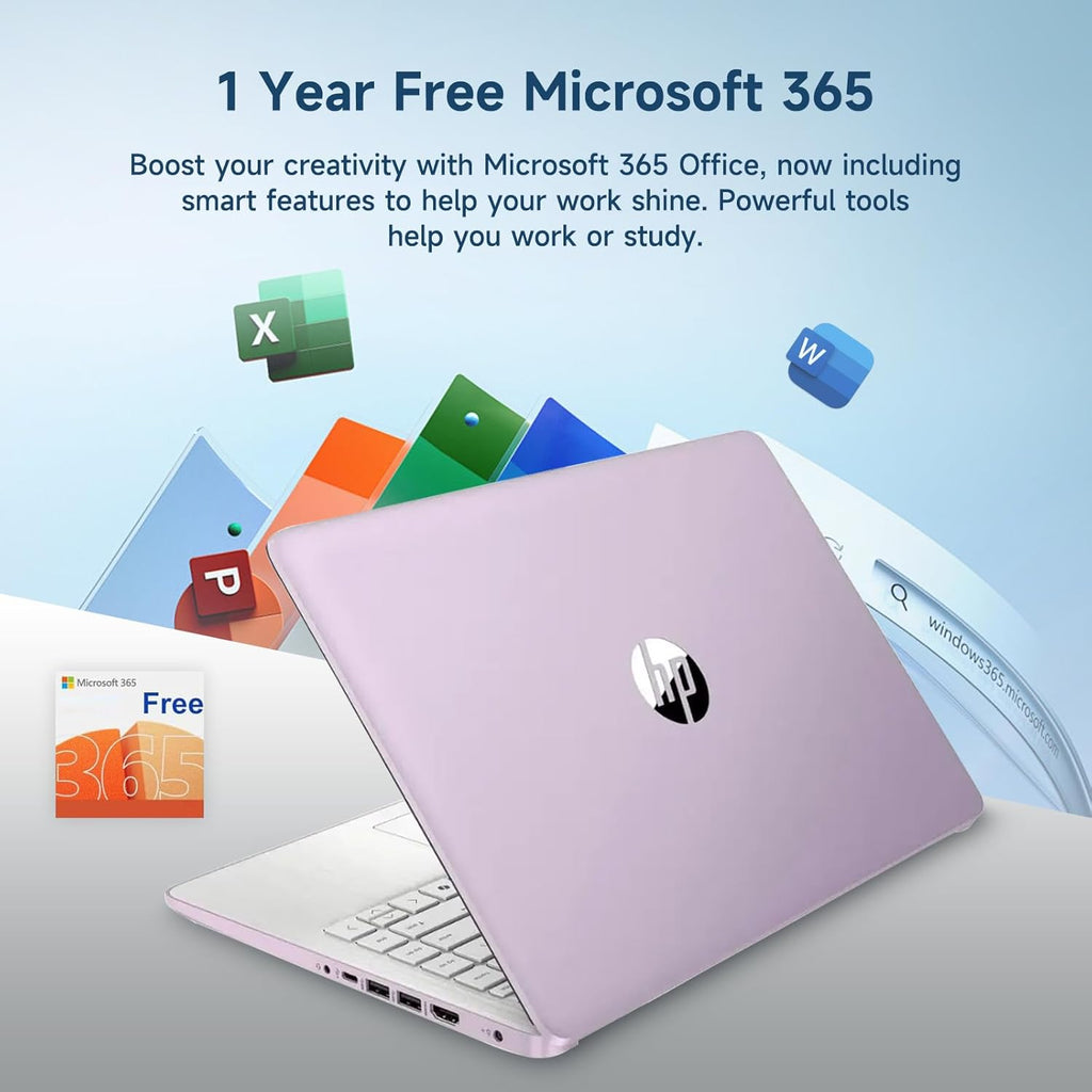 HP 14 Student-Laptop Back to School  Quad-Core Processor (Up to 3.6GHz) 8GB RAM 192GB Storage(128GB UFS + 64GB SD Card) Laptops for Student with 1-Year Office 365 Copilot AI Win11  Honey Lavender