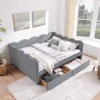 DEINPPA Queen Size Upholstered Daybed with 2 Storage Drawers, Gingham Daybed with USB Ports for Bedroom Living Room Guest Room-Navy