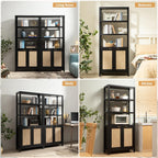 SICOTAS Bookshelf 5 Tier Book Shelf Rattan Boho 71" Tall Bookcase with Doors Storage Shelves Large Bookshelves Farmhouse Bookcases Library Book Case for Living Room Bedroom Home Office Kitchen