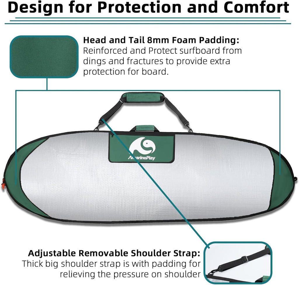 Surfboard Bag Longboard Bag Day Bag for 6'0,6'6,7'0,7'6,8'0,9'6,10'0 Surf Hybrid Fish ShortBoard w/Fin Slot and Padded Shoulder Strap,Easy Access Surf Bag Protect Board for Daily Local Road Short Trip