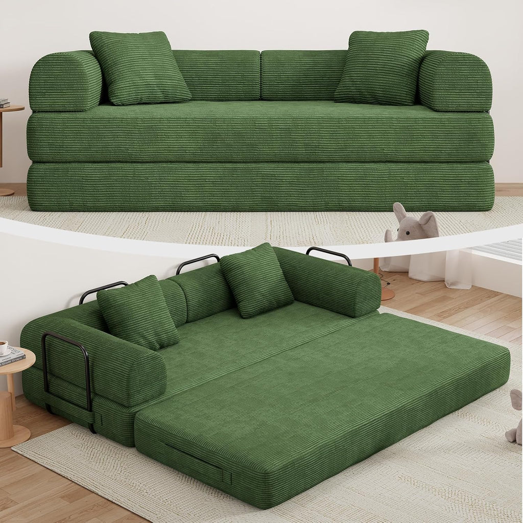 77" Convertible Sofa Bed, Modular Folding Futon Corduroy Floor Foam Compressed Loveseat Sleeper Sofa Couch, Pull Out Queen Size Couch Bed with 2 Pillows for Living Room Guest Room Studio, Dark Green