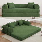 77" Convertible Sofa Bed, Modular Folding Futon Corduroy Floor Foam Compressed Loveseat Sleeper Sofa Couch, Pull Out Queen Size Couch Bed with 2 Pillows for Living Room Guest Room Studio, Dark Green