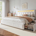 Velvet Upholstered King Size Bed Frame with 4 Storage Drawers, Vertical Arched LED Headboard, Sturdy Wood Slats Support, No Box Spring Needed, Beige