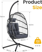 Hanging Egg Chair with Stand, Indoor Outdoor Wicker Patio Egg Swing Chair with Cushion for 350LBS Capacity, Hanging Hammock Chair for Bedroom, Garden, Porch - Dark Grey