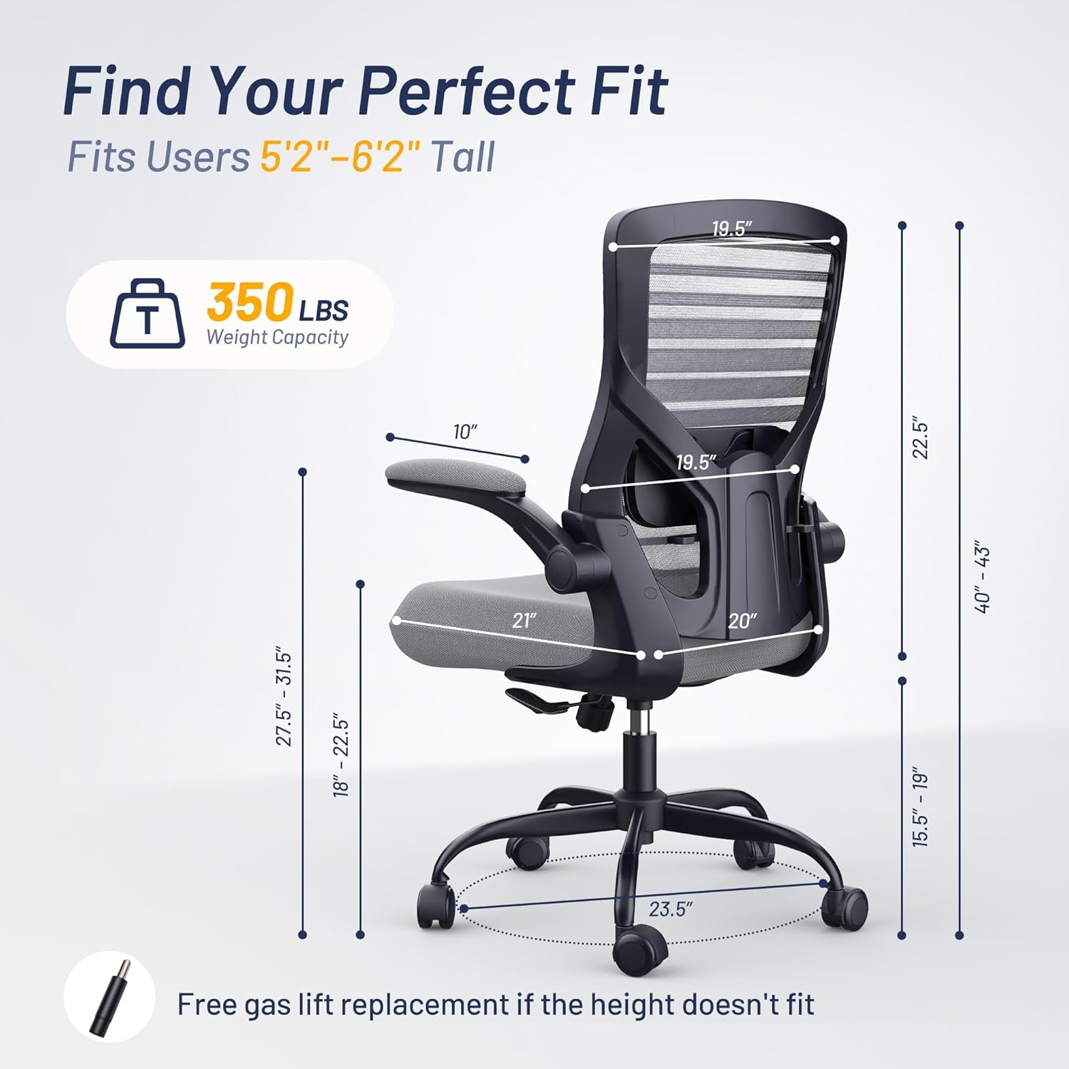 Office Desk Chair for Long Hours & Back Pain Relief – 4“ Thick Molded Foam Cushion, Enhanced Lumbar Support, Padded Flip-up Armrests, Ideal for Office or Study, Dark Gray