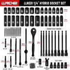 LLNDEI 1/4 Drive Socket Set 16V Brushless Impact Driver Kit, 108 PCS 6 point Metric Magnetic Nut Driver Set, including 1.5Ah Battery, Charger and a Self-Tapping Screws, Hex Drill Bits Can be Used