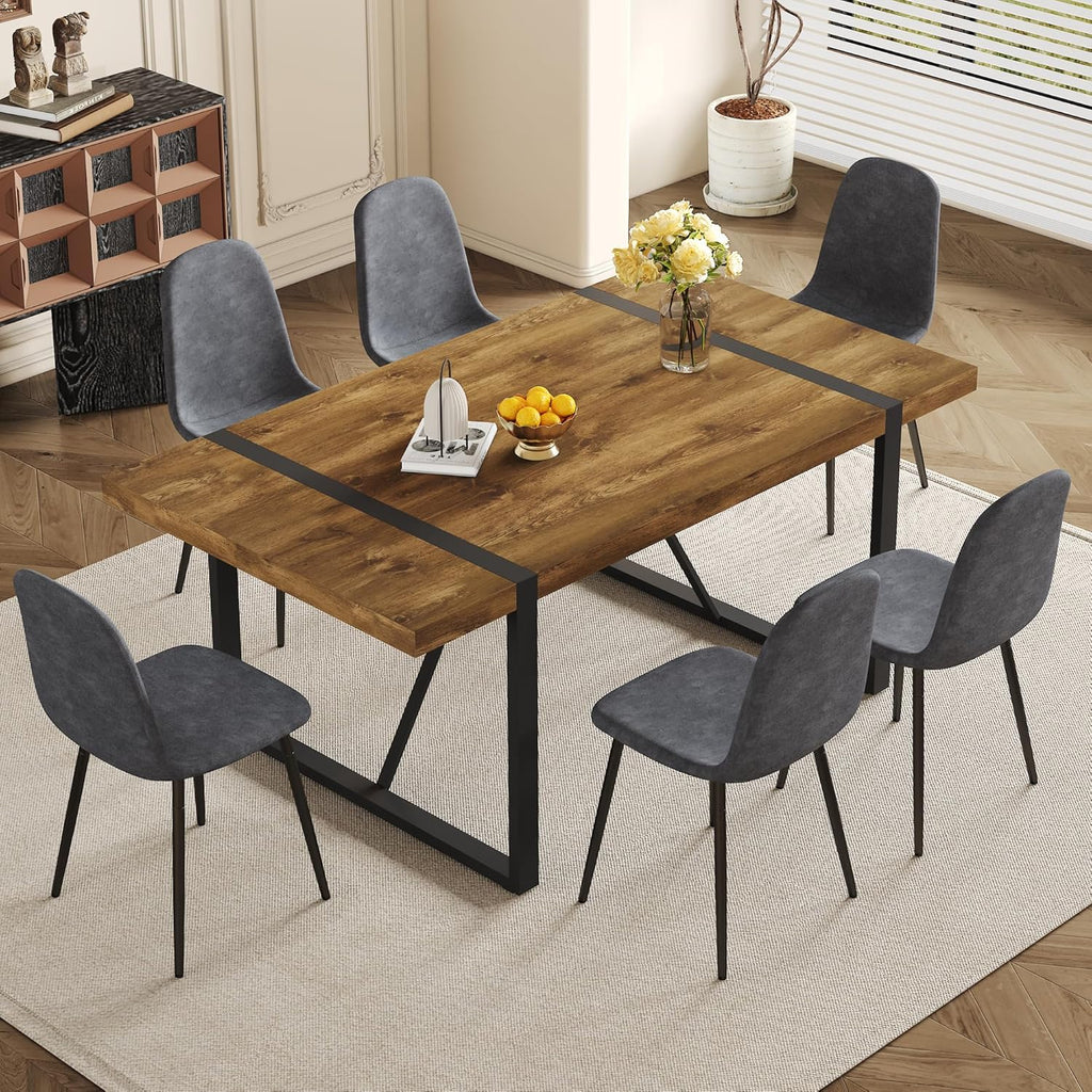Dining Table Set for 6 .Dinner Table Set for 6 .71'' Dark Wood Kitchen Table and Suede Nap Fabic Chairs Set of 6 .6 Chair Dining Table Set for Kitchen Dining Room