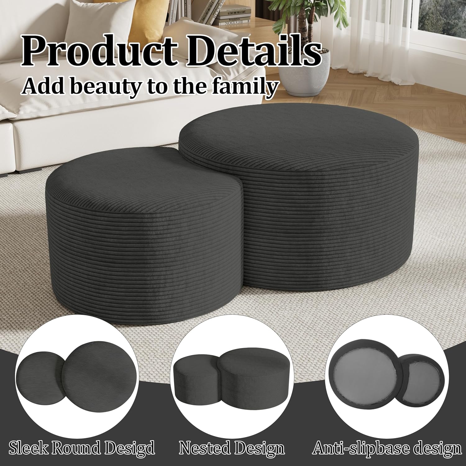 Round Nesting Coffee Table Set of 2,Upholstered Foam Ottoman Footrest Side Table Set,Modern Flannel Circle Coffee Table No Assembly for Living Room Entryway Bedroom,Grey