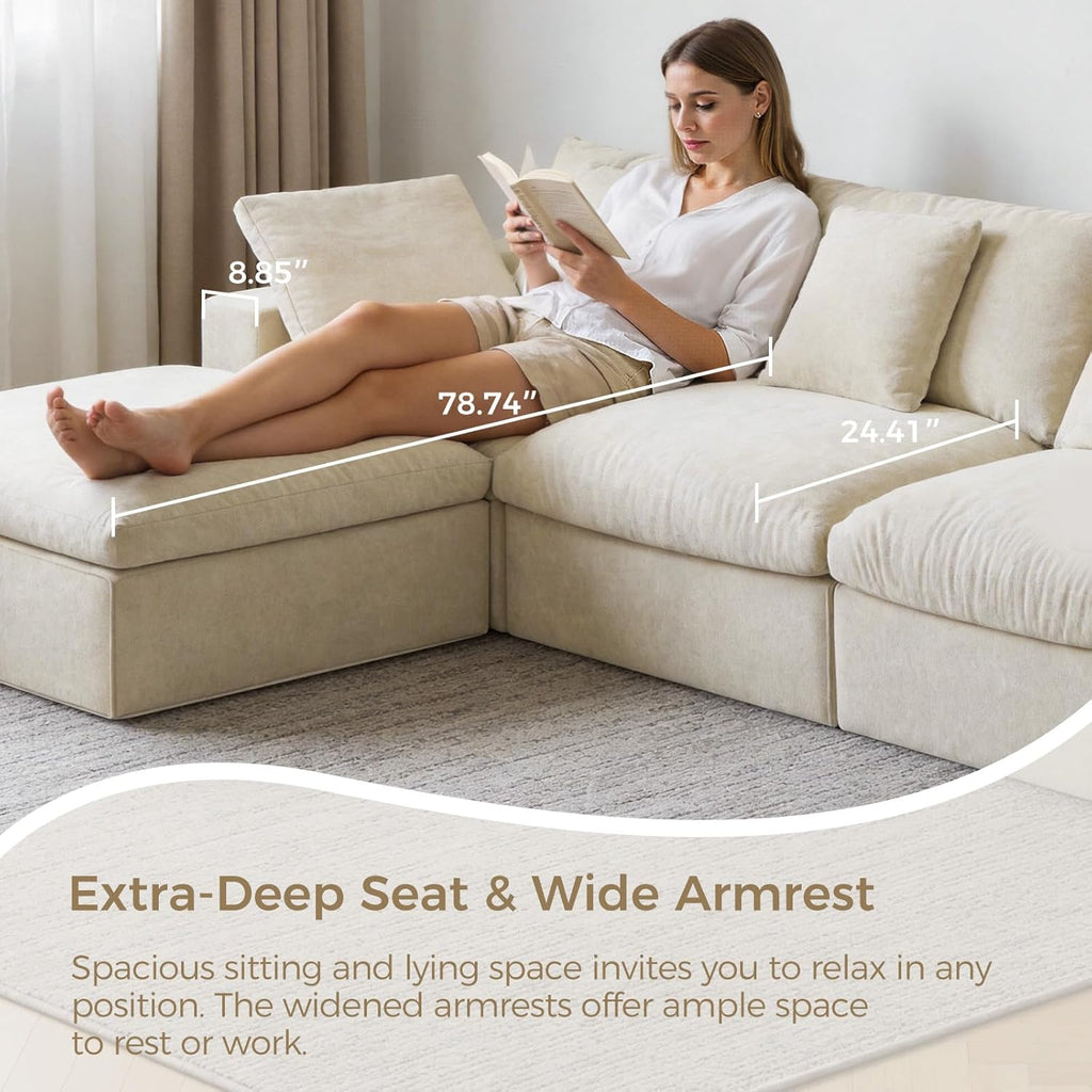 120" L-Shaped Boneless Cloud Couch, Modular Sectional Sofa with Ottoman and Extra-Wide Armrests, Deep Seat Sectional Couches for Living Room, 35D High-Density Foam, No Assembly Required, Beige