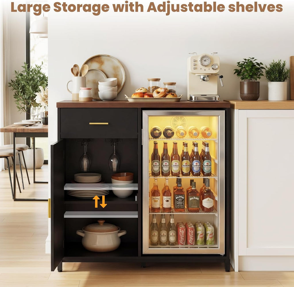 Unikito Coffee Bar Cabinet with Mini Fridge Space, Mini Fridge Cabinet Stand with Power Outlet, Liquor Wine Cabinets with Drawer Storage and Wine Glass Holder, Home Bar for Dining Room, Kitchen, Black
