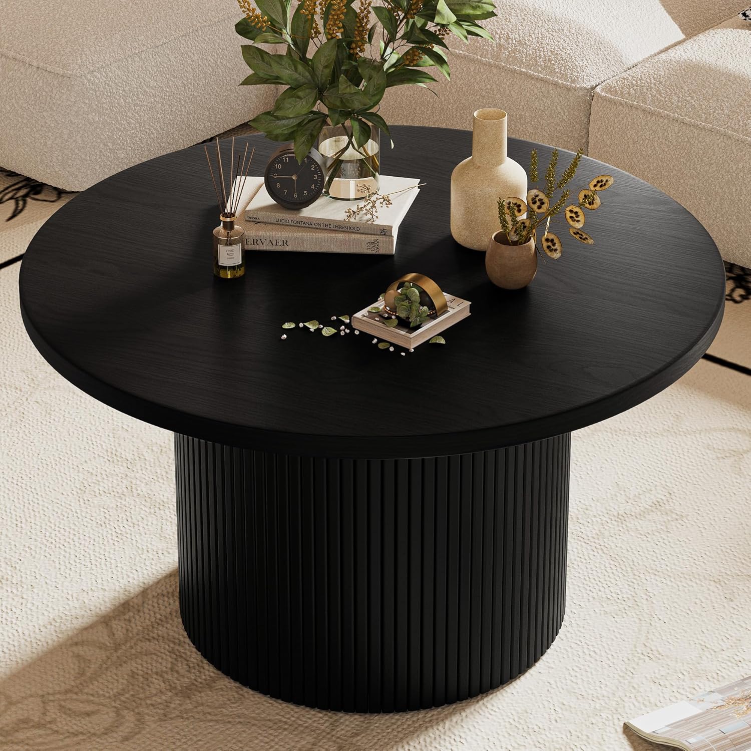 MAISONARIA Black Round Coffee Table with Metal Frame, 35" Coffee Tables for Living Room, Circle Wood Accent Center Table for Apartment