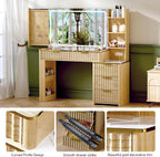51" Vanity Desk with Power Outlet, Makeup Vanity with Mirror and Lights, 3 Lighting Modes, Vanity Table with Glass Top, 5 Drawers, and Jewelry Storage,Oak-1