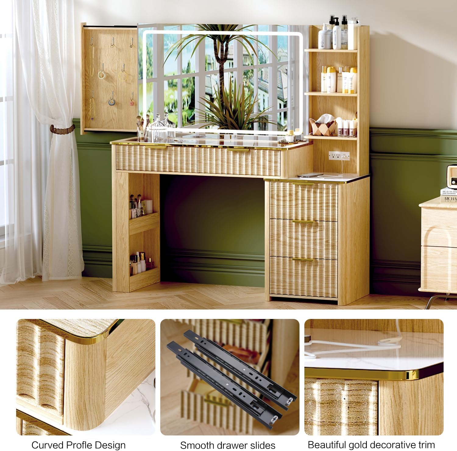 51" Vanity Desk with Power Outlet, Makeup Vanity with Mirror and Lights, 3 Lighting Modes, Vanity Table with Glass Top, 5 Drawers, and Jewelry Storage,Oak-1