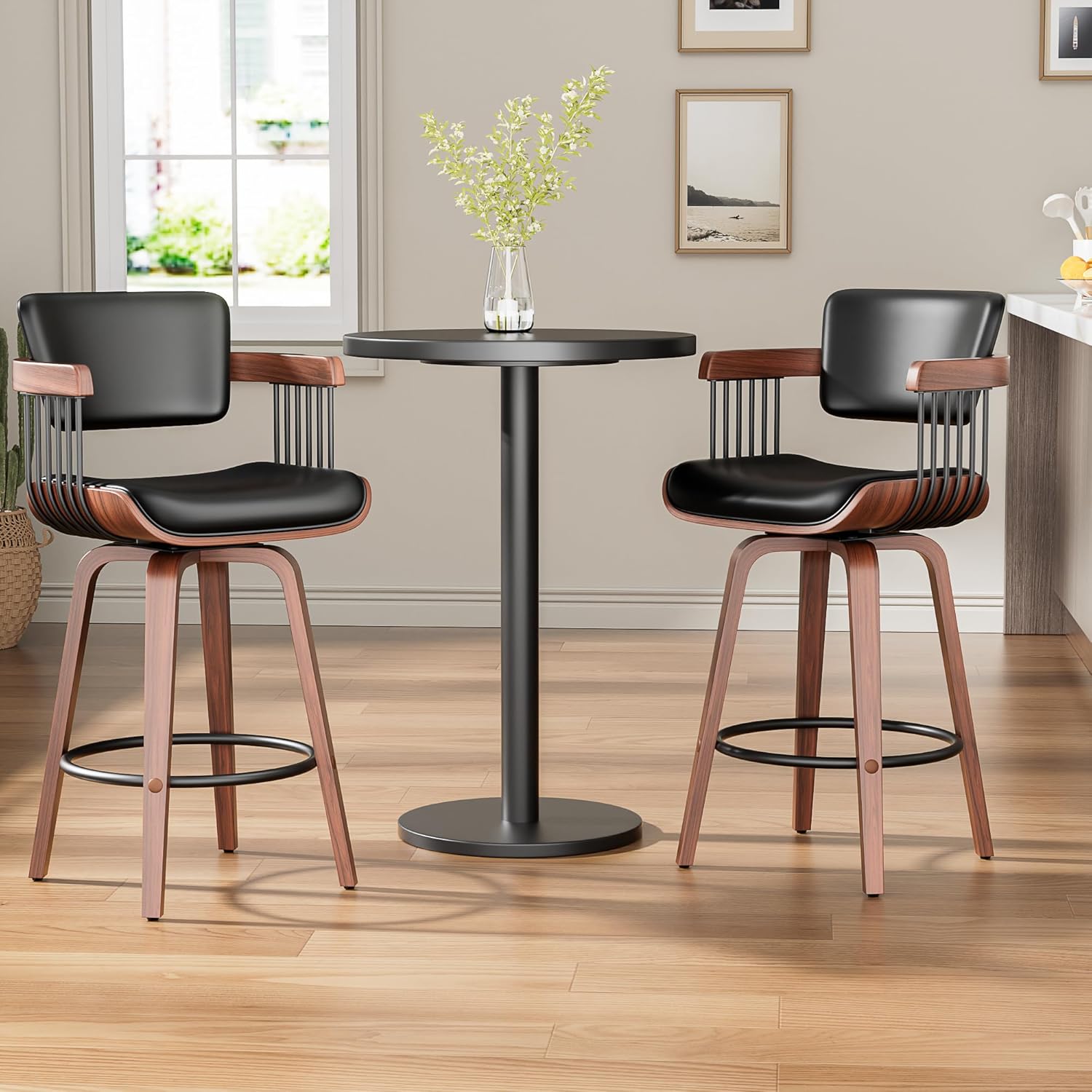 Swivel Counter Height Bar Stools Set of 2, 26 Inch Mid Century Modern Bentwood Barstools with Padded Back and Wood Legs, PU Leather Kitchen Island Chairs with Arms, Black