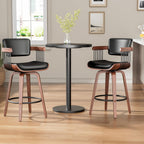 Swivel Counter Height Bar Stools Set of 2, 26 Inch Mid Century Modern Bentwood Barstools with Padded Back and Wood Legs, PU Leather Kitchen Island Chairs with Arms, Black