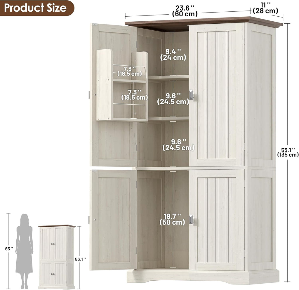 Akxomel 53.1" H Tall Bathroom Storage Cabinet with 4 Door Shelves, Farmhouse Kitchen Pantry Cabinet with 4 Doors, Linen Bathroom Floor Cabinet for Kitchen, Bathroom, Living Room, Rustic White
