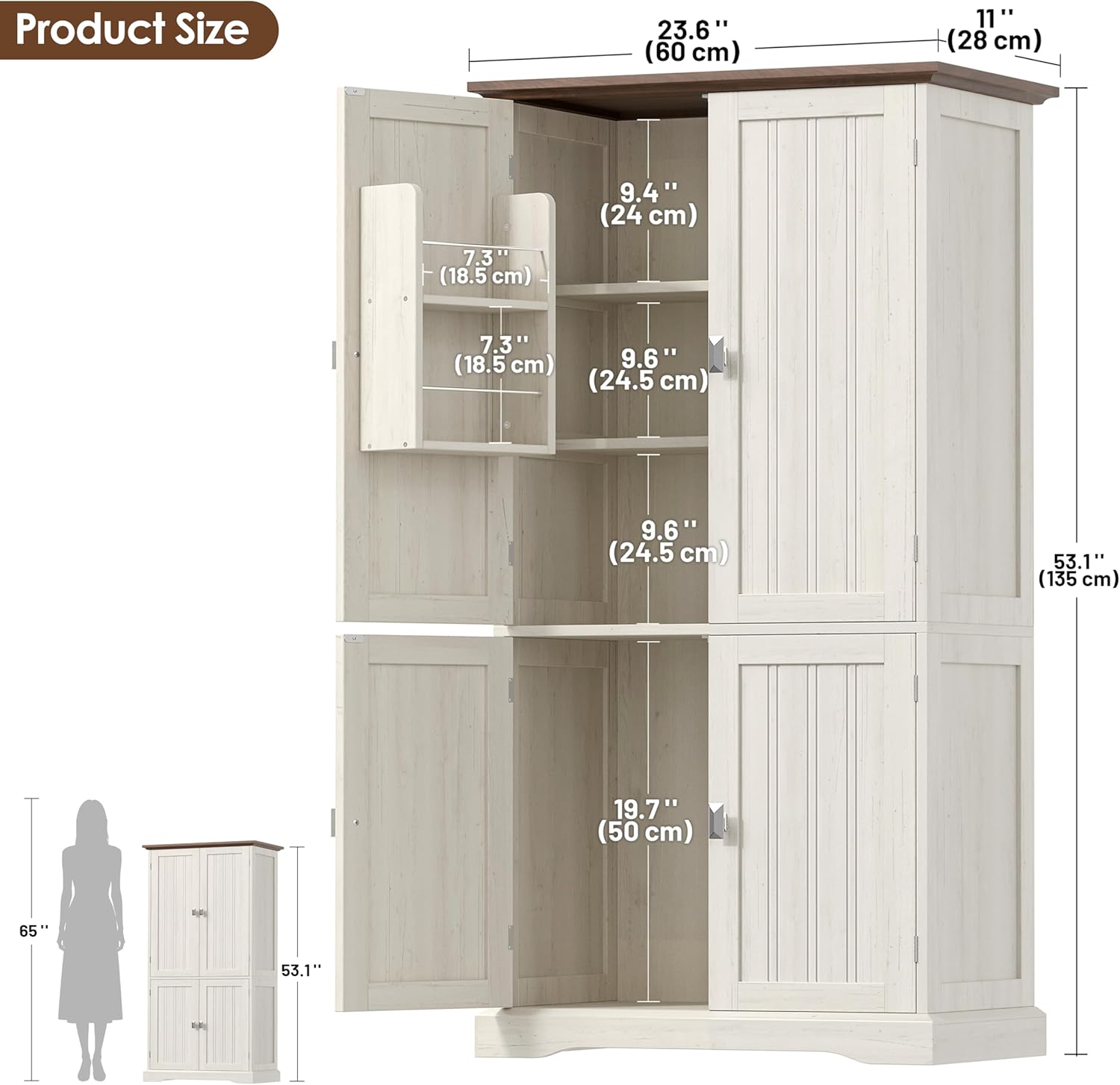 Akxomel 53.1" H Tall Bathroom Storage Cabinet with 4 Door Shelves, Farmhouse Kitchen Pantry Cabinet with 4 Doors, Linen Bathroom Floor Cabinet for Kitchen, Bathroom, Living Room, Rustic White