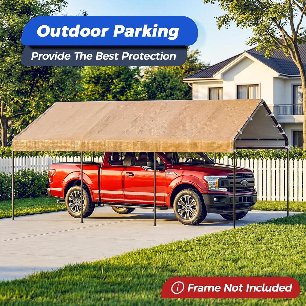 13x20 FT Carport Canopy Replacement Cover, Heavy Duty Car Garage Top Tent Shelter Tarp, Waterproof & UV Protected, Easy Installation with Ball Bungees, Beige (Frame Not Included)