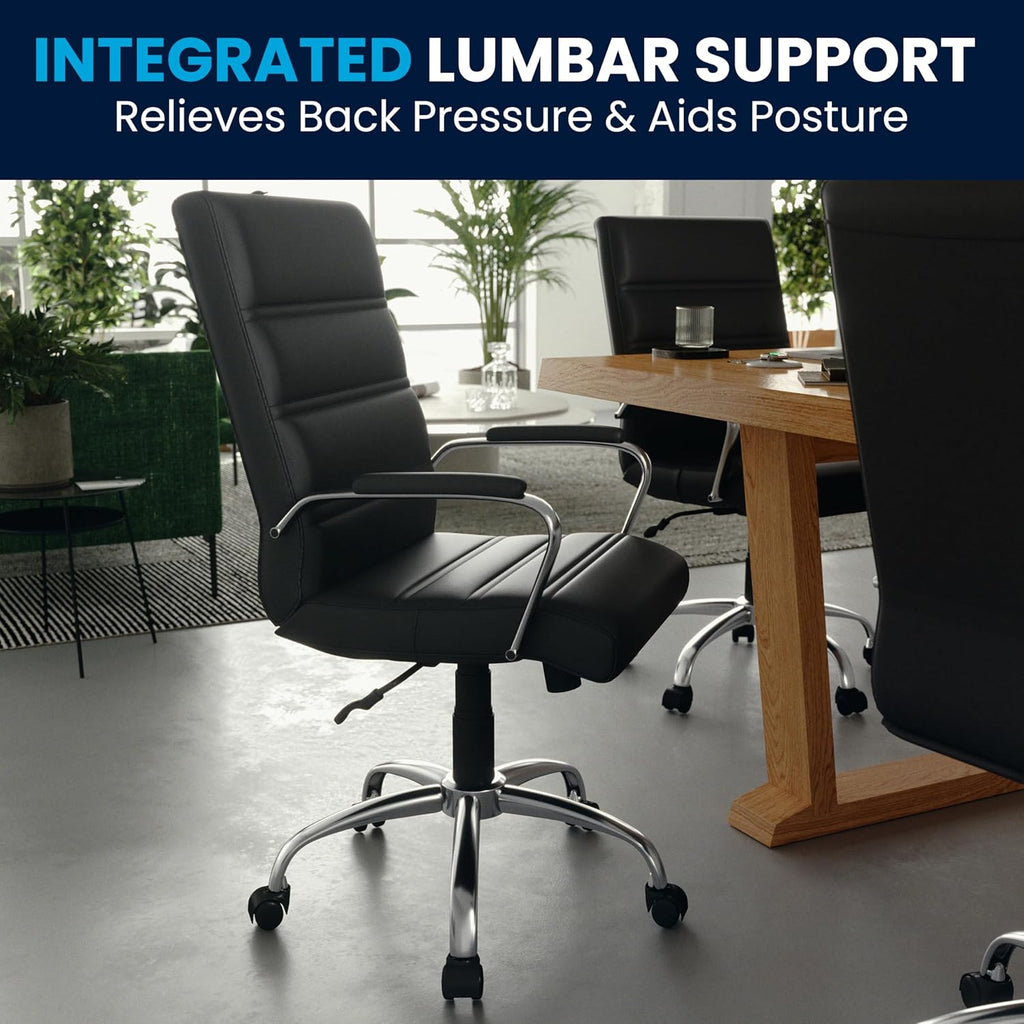 Flash Furniture Whitney Mid-Back Swivel LeatherSoft Desk Chair with Padded Seat and Armrests, Adjustable Height Padded Office Chair, Black