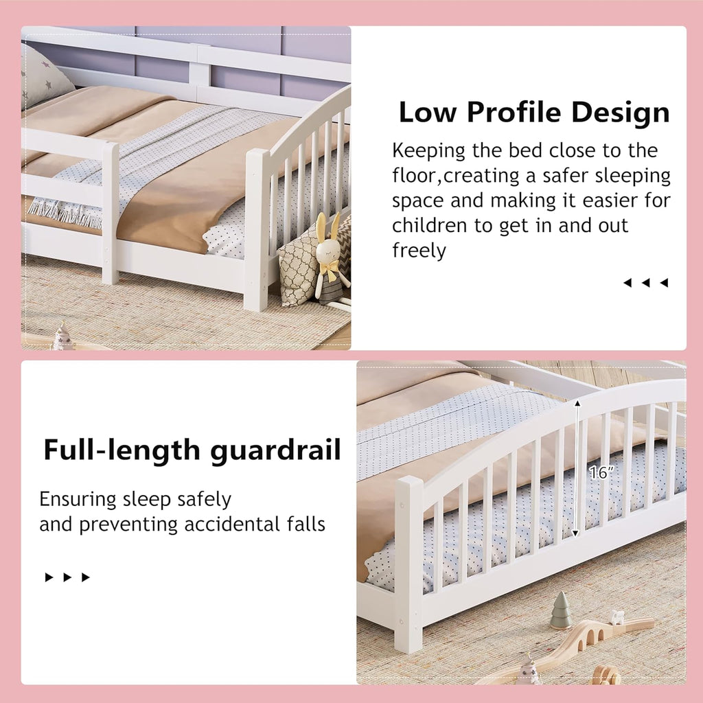 Merax Full Montessori Floor Bed with Safety Guardrails – Solid Wood Kids Bed with Slats & Fence and Without Door, No Box Spring Needed, White