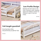 Merax Full Montessori Floor Bed with Safety Guardrails – Solid Wood Kids Bed with Slats & Fence and Without Door, No Box Spring Needed, White