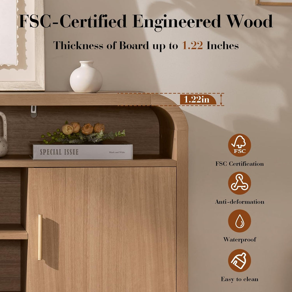 TV Stand for TVs Up to 65'' - Unique Curved Profile, FSC-Certified Wooden Board Entertainment Center with Adjustable Shelves and Storage Cabinet Modern Media Console for Living Room