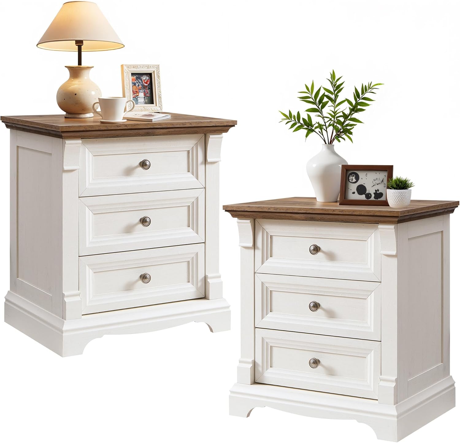 T4TREAM Farmhouse Nightstand Set of 2, 23.6" End Table with 3 Drawers Storage, Wood Side Table w/Roman Column, End Tables Living Room Set of 2, Bedside Cabinet for Bedroom, Living Room, Antique White