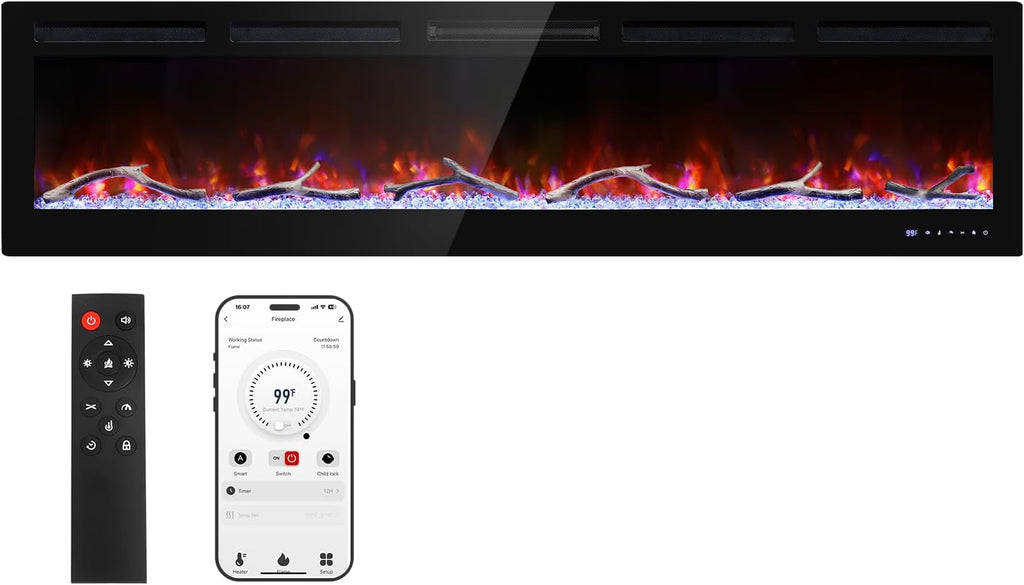 Cheerway 72'' Smart WiFi Electric Fireplace Heater, Wall Mounted & Recessed Electric Fireplace Insert w/Timer, Child Lock, Crackling Sound, App & Remote Control, Adjustable Flame,1500W