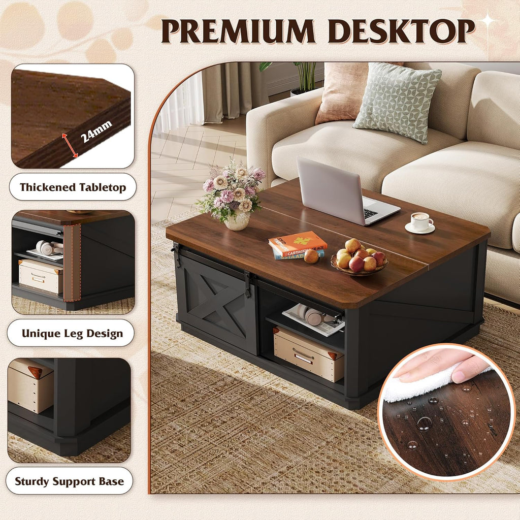 WLIVE Framhouse Coffee Table with Storage, 35.5" Lift Top Coffee Table for Living Room, Square Center Table, Rustic Cocktail Table with Sliding Barn Doors, Curevd Base, Black